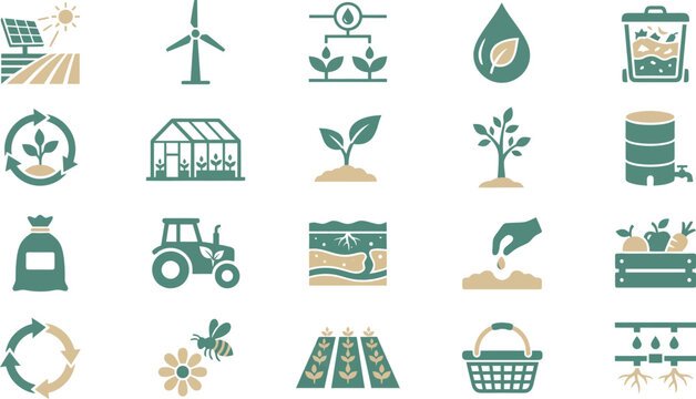 Modern flat vector icon set for sustainable agriculture, eco-friendly farming practices, and renewable energy solutions