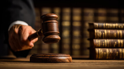 Judge striking a wooden gavel with law books stacked on a desk symbolizing legal authority and courtroom justice decisions in a dimly lit setting