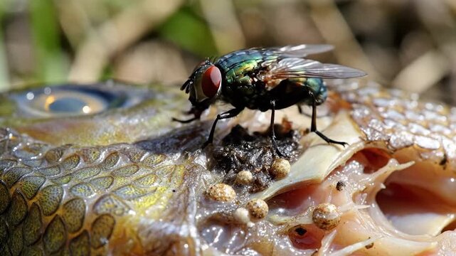 Close-up of a common green bottle fly on a decaying fish carcass