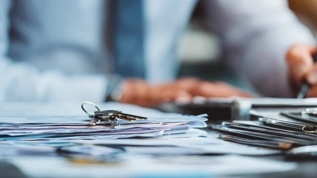 Focused medium shot of a repossession agent organizing keys and lock picking tools on a metal workbench with scattered documents nearby.
