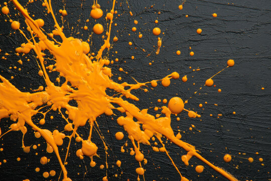 Vibrant orange paint splashes dynamically spread across a textured black surface creating an energetic and abstract artistic expression with lively motion and contra
