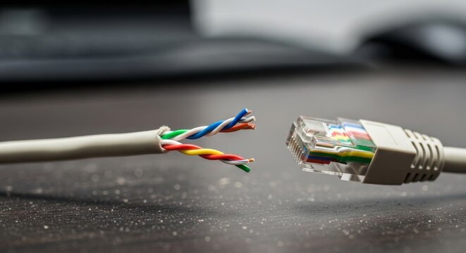 Broken ethernet cable disconnection network failure concept