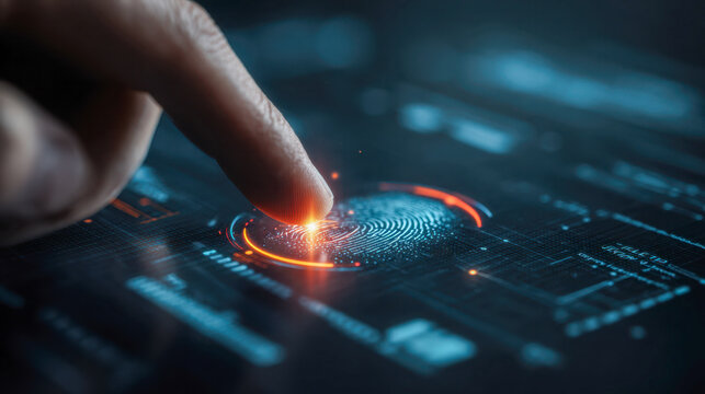 Finger scanning a glowing fingerprint on a futuristic digital interface with high-tech security features in a dark, cyber technology environment