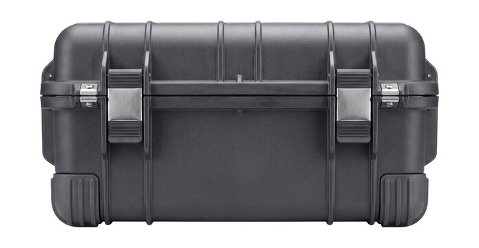 Protective case with integrated padlock hasps for securing tools.