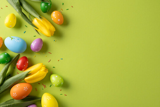 Bright Easter scene features colorful eggs and yellow tulips on a vivid green backdrop, with confetti and festive mood perfect for greeting cards, spring branding, and seasonal campaigns