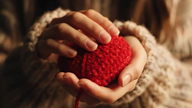 Cozy Hands Gently Holding a Red Yarn Ball with a Loose Thread, Evoking Warmth and Comfort