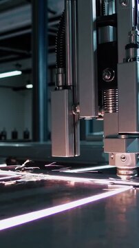 precision laser cutter tracing bright guide lines across metal sheet, sparks and molten edge highlighting cut path, CNC gantry motion with industrial lighting and toolhead, controlled fabrication