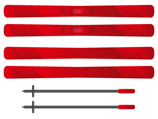 競技でもある冬の雪の上のスポーツでも使う斜め線の模様の柄のついたスキーの板とストックを赤と黒と灰の色グラデーションを付けてデザインしたイラストのグラフィックの素材