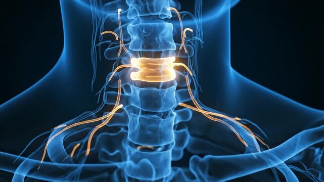 Diagnostic x-ray image of human spine and nerves in a detailed 3D medical illustration