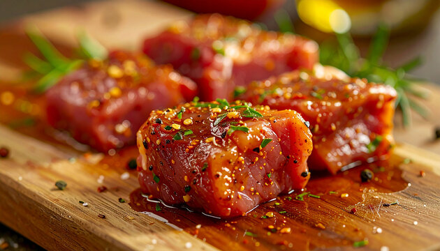 Fresh raw pork chunks in spicy marinade on wooden cutting board, glossy marinade and meat texture