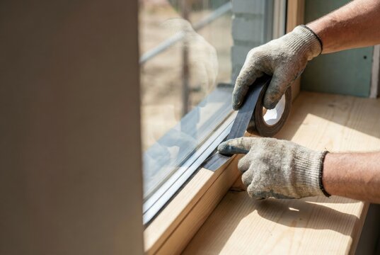 A construction worker is applying waterproof sealing tape to a wooden window frame during installation.