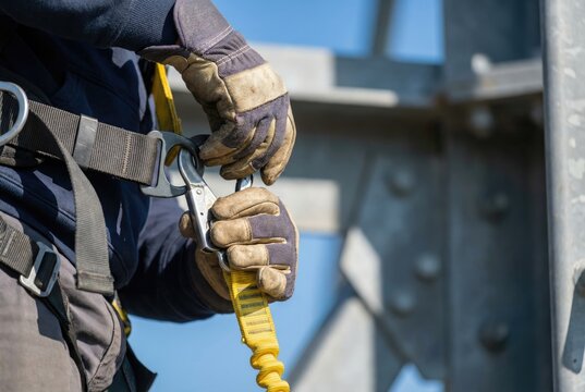 A construction worker in gloves is attaching a safety lanyard to a harness while working at height.