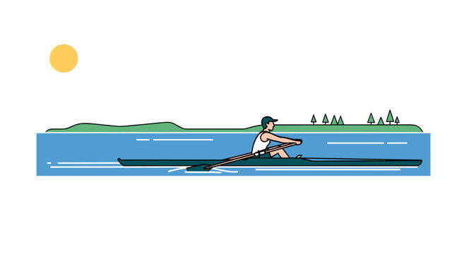 Man rowing single scull on calm lake at sunrise flat illustration for sport and fitness concept
