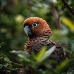 Fototapeta premium Closeup of brown parrot with gray beak surrounded by green leaves bird