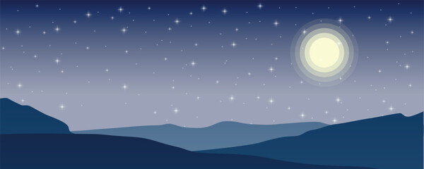 Fototapeta premium Minimal night mountain landscape with bright full moon and starry sky, layered hills and calm blue gradient horizon, modern flat vector illustration.