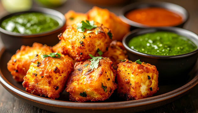 Golden paneer pakoras with green chutney, mint chutney and tamarind sauce, delicious Indian snack.