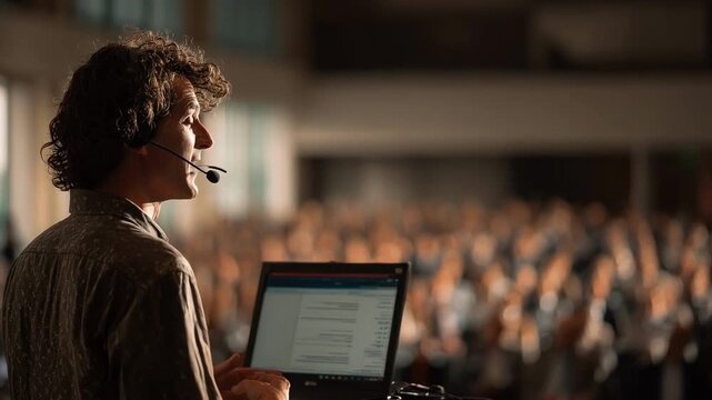 Medium shot of a conference speaker using AI subtitle tools to ensure inclusive communication through flawless instant transcription on their presentation.