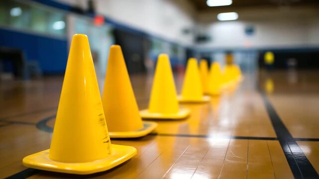 Row of yellow training cones on indoor practice field, young player at physical education class, youth sport background, athletic equipment on court, training trail setup,