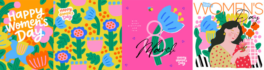 Happy Women's Day, March 8th. Vector cute naive illustration of a floral seamless pattern, bold typography, folk style flowers and a female portrait for a greeting card, background, poster, postcard,  © Ardea-studio