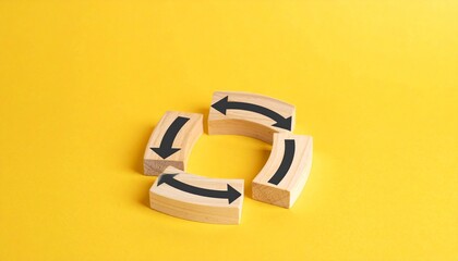 Curved Wooden Blocks with Arrows Forming Continuous Circular Workflow on Yellow Background