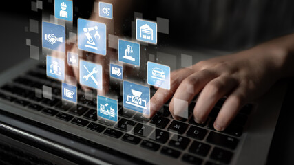 Mechanized industry automation and modern production system with robotic arms, gears, tools and...