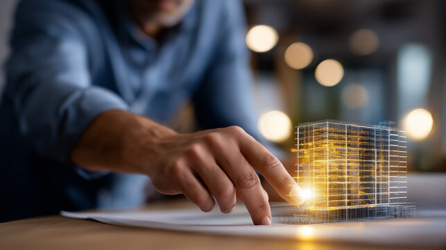 Building information modeling concept optimizing construction processes faceless human hand touching illustrated processor digital technology visualization engineering
