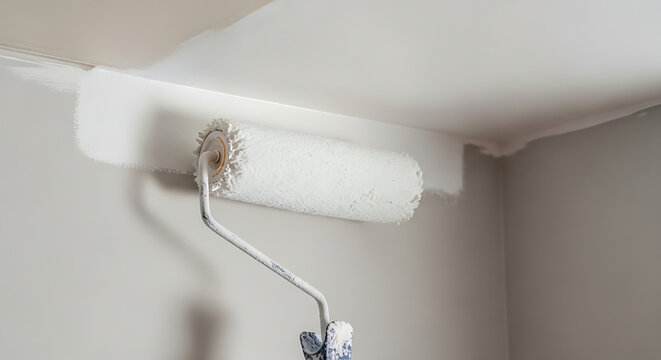 Paint roller applying white paint to ceiling edge in a room
