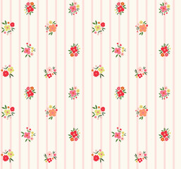 pink striped fabric with pink floral patterns, featuring small daisies or cosmos flowers, adorned with leaf motifs, creates, sweet look. White floral and leaf pattern on a pink striped background