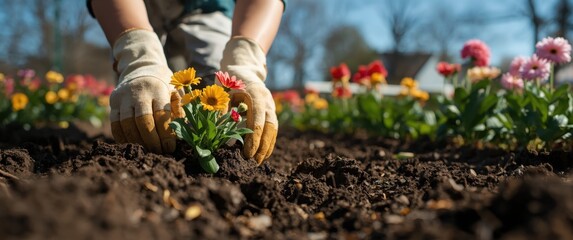 Fototapeta premium Person planting colorful flowers in garden with gloved hands gardening gloves