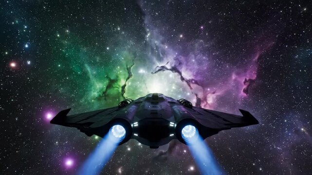 A futuristic spaceship soaring through a vibrant nebula in space.