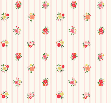 pink striped fabric with pink floral patterns, featuring small daisies or cosmos flowers, adorned with leaf motifs, creates, sweet look. White floral and leaf pattern on a pink striped background