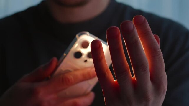 A brightly glowing flashlight on a mobile phone.
A man shines a flashlight on his smartphone.
A flash on a mobile phone in a dark room.
