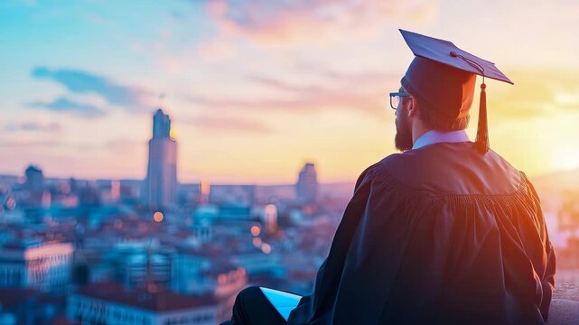 Lone graduate in academic regalia contemplates city skyline at sunset, signifying accomplishment and dawn of new chapter.