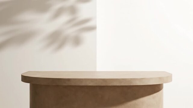 Minimalist studio scene, a half-circle podium with shadow of foliage on the wall