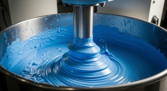 Blue paint mixing in industrial metal container with mechanical agitator