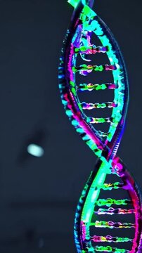 Neon DNA helix rotating inside lab, CRISPRinspired strands pulsing cyan and magenta light, macro closeup on double helix, reflective glass background, slow cinematic rotation, sequencing data