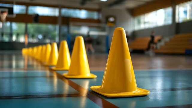 Row of yellow training cones on indoor practice field, young player at physical education class, youth sport background, athletic equipment on court, training trail setup,
