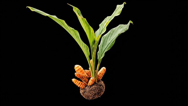 A vibrant image of turmeric plant. The bright leaves and roots contrast against a black background