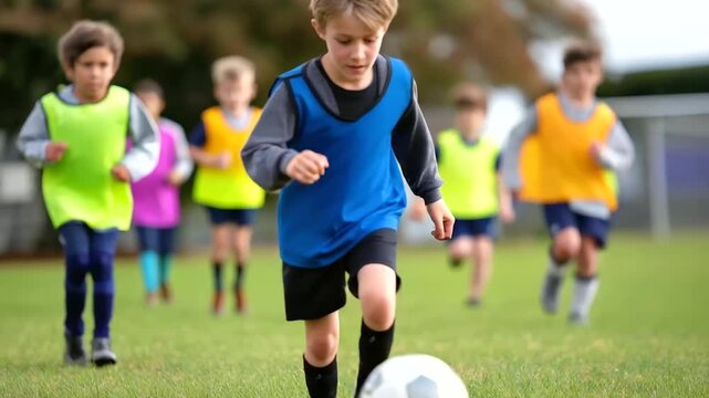 Boys practicing soccer on school athletic field, 10-year-old kids at football training class, physical education unit for elementary children, youth sports program, outdoor