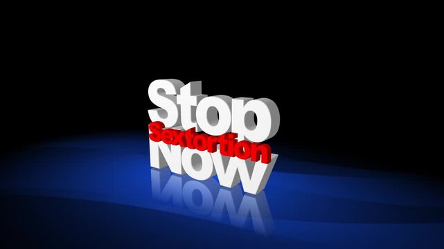Stop Sextortion Crime Now Bold 3D White End With Blue Text On Dark Stage