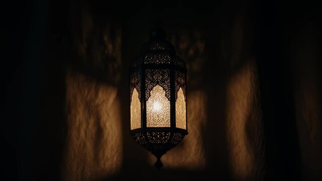 Slow motion Ramadan lantern swaying in breeze, warm golden light, 4k video