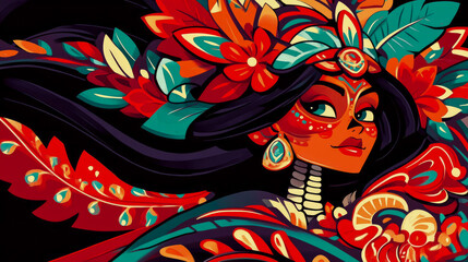 Fototapeta premium Majestic portrait of stylized Catrina figure with intricate skull-like detailing on her neck, framed by vibrant red and teal jungle flowers, capturing festive spirit of ancient culture.