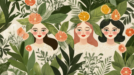 Obraz premium Charming illustration of three joyful women blending seamlessly into lush jungle environment, adorned with vibrant grapefruit and orange citrus blossoms and expansive green tropical leaves.