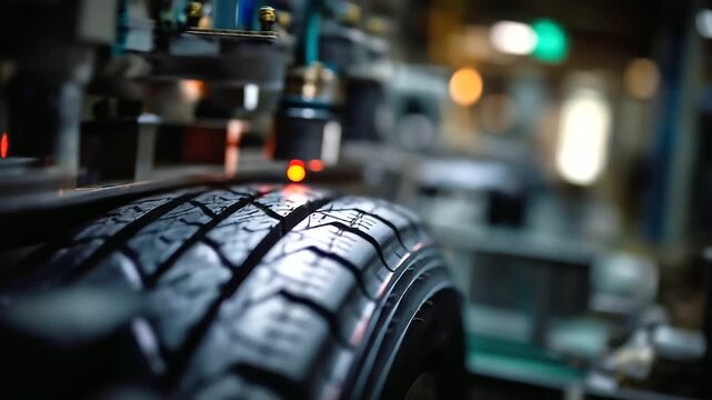 Macro shot of tire tread pattern with subtle reflections, conveyor belt in motion, quality control sensors monitoring each tire, cinematic industrial depth, with copy space