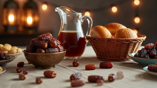 Still life with dates, juice, and bread rolls for Iftar, Ramadan feast