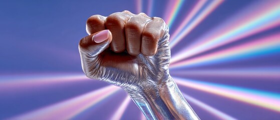Metallic Silver Fist Raised in Victory Against Futuristic Rainbow Light Rays Background