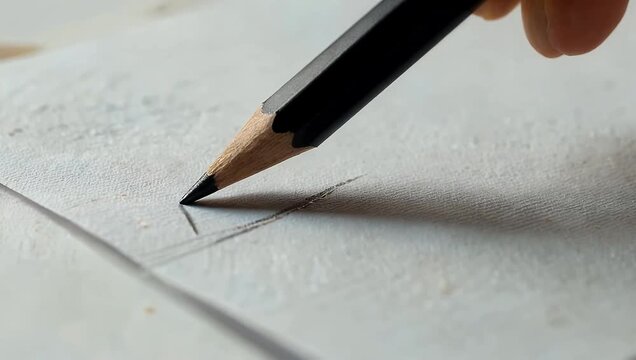 Ultra sharp 4K macro shot of black pencil drawing precise straight line on white paper capturing the tactile process of writing sketching creative 