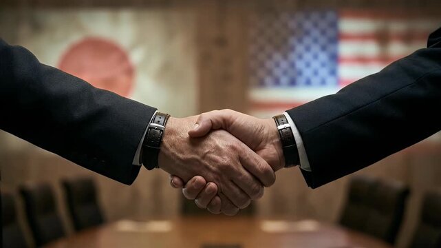 Diplomatic handshake between japan and usa leaders with flags in background