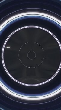 rotating neon ring portal with pulsing glow, optic test rig simulates aperture transitions, engineer calibrating sensor array, concentric light bands and reflective rim produce hypnotic radial motion