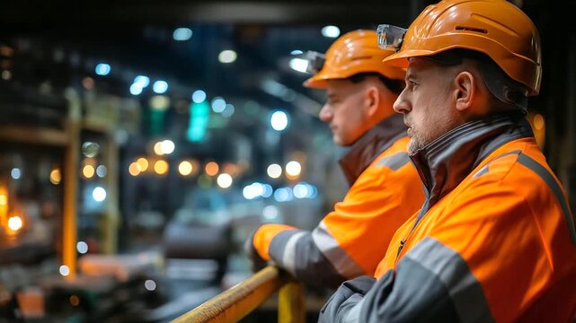 Faceless workers in reflective gear standing along catwalks above machines, overseeing entire mill operation with strong industrial depth and scale, with copy space